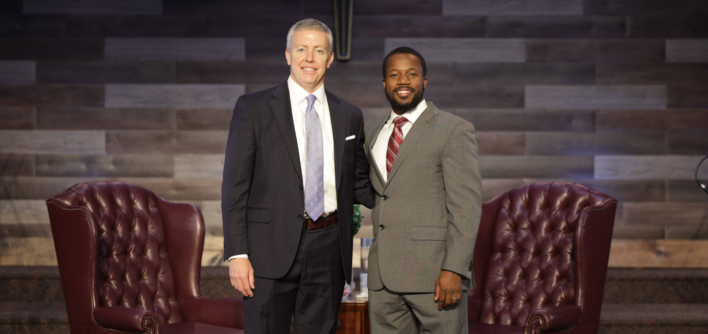 Mike Dowling and Rev. Akinbinu on set of Money Talks.