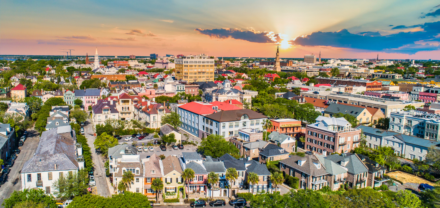 Drone shot of downtown Charleston.