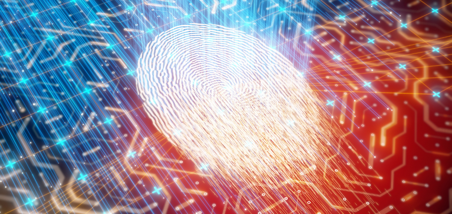 Glowing fingerprint on a digital background.